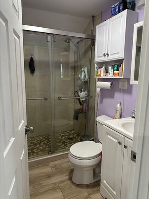 Bathroom, Glass Shower, Interior, Wood Texture Flooring