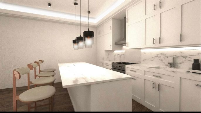 Interior, Kitchen, Marble Walls, Pendant Lights, Wood Texture Flooring