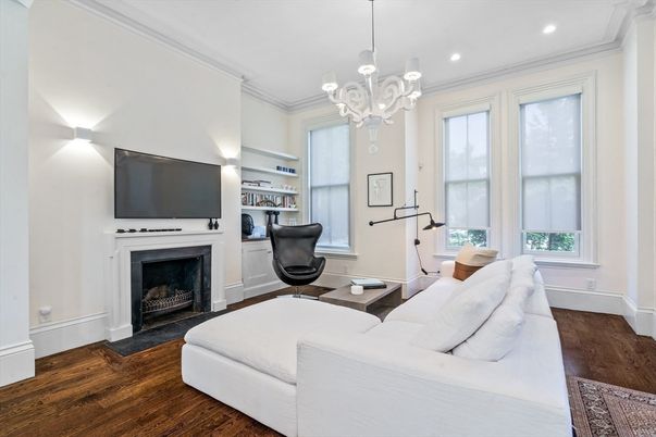 Chandelier, Fireplace, Home Office, Interior, Living room, Recessed Lighting, Wood Texture Flooring