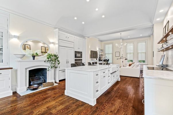 Chandelier, Fireplace, Interior, Kitchen, Living room, Recessed Lighting, Wood Texture Flooring