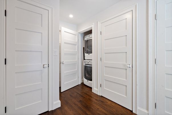 Interior, Kitchen, Recessed Lighting, Washer, Wood Texture Flooring