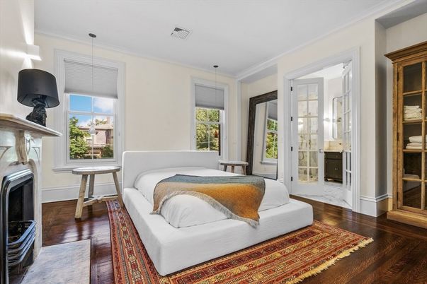 Bedroom, Fireplace, Interior, Pendant Lights, Wood Texture Flooring