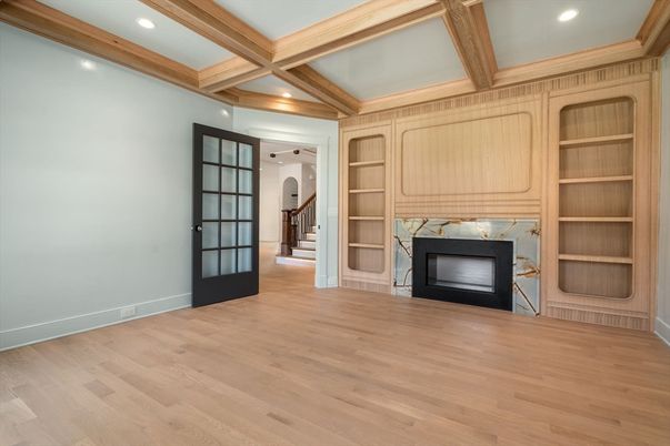 Empty room, Fireplace, Interior, Recessed Lighting, Wooden Beams, Wood Texture Flooring