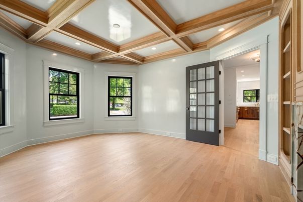 Empty room, Interior, Recessed Lighting, Wooden Beams, Wood Texture Flooring