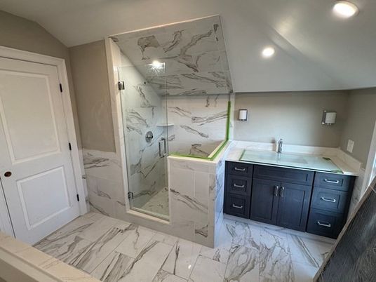 Bathroom, Glass Shower, Interior, Marble, Marble Walls, Recessed Lighting