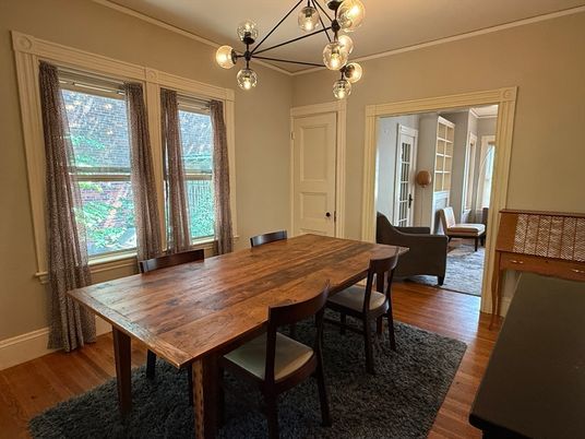 Dining room, Interior, Pendant Lights, Wood Texture Flooring