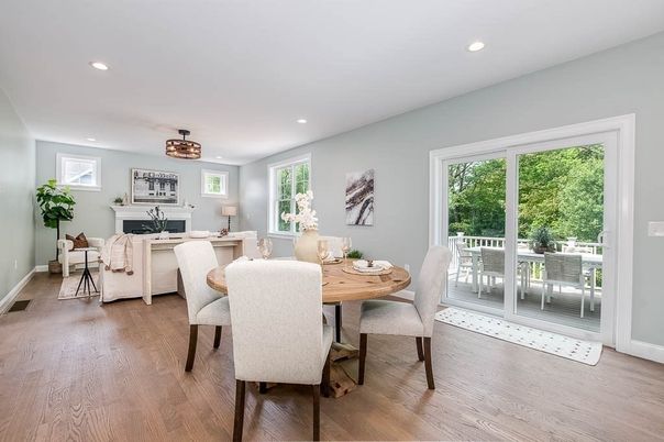 Dining room, Fireplace, Interior, Living room, Recessed Lighting, Wood Texture Flooring