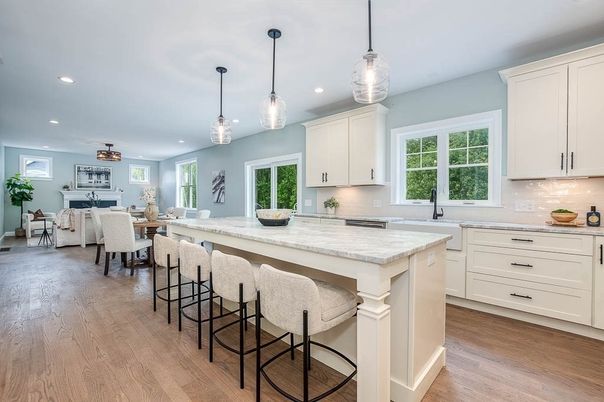 Dining room, Interior, Kitchen, Pendant Lights, Recessed Lighting, Wood Texture Flooring