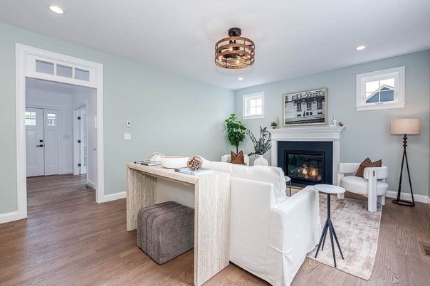 Fireplace, Interior, Living room, Recessed Lighting, Wood Texture Flooring