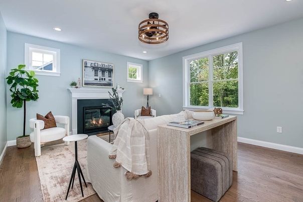 Fireplace, Interior, Living room, Recessed Lighting, Wood Texture Flooring