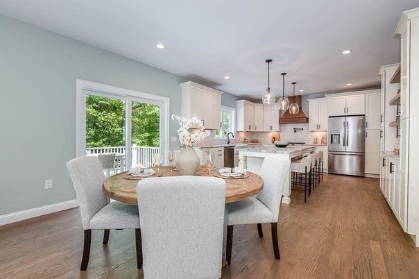 Dining room, Interior, Kitchen, Pendant Lights, Recessed Lighting, Stainless Steel Appliances, Wood Texture Flooring