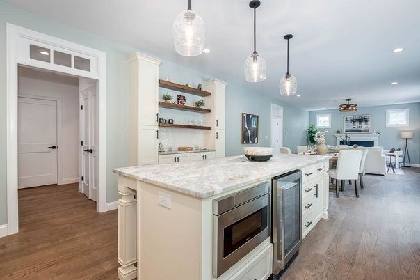 Dining room, Fireplace, Interior, Kitchen, Living room, Pendant Lights, Recessed Lighting, Wood Texture Flooring
