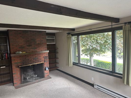 Empty room, Fireplace, Interior, Stone Walls, Wooden Beams