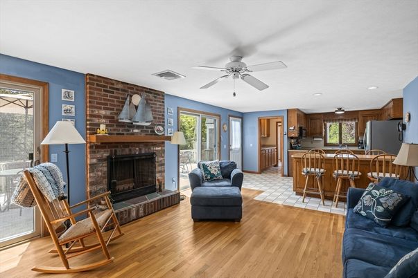 Dining room, Fireplace, Interior, Kitchen, Living room, Recessed Lighting, Stone Walls, Wood Texture Flooring