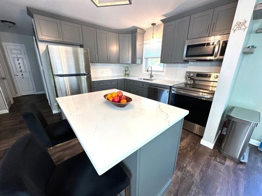 Interior, Kitchen, Pendant Lights, Stainless Steel Appliances, Wood Texture Flooring