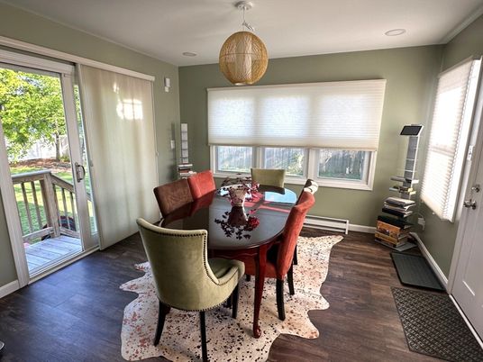 Dining room, Interior, Pendant Lights, Wood Texture Flooring