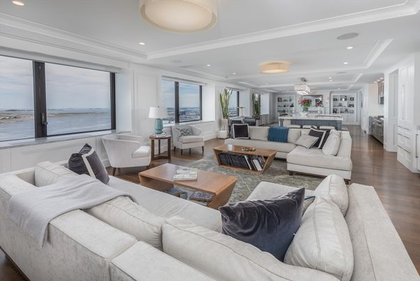 Interior, Living room, Pendant Lights, Recessed Lighting, Water, Wood Texture Flooring