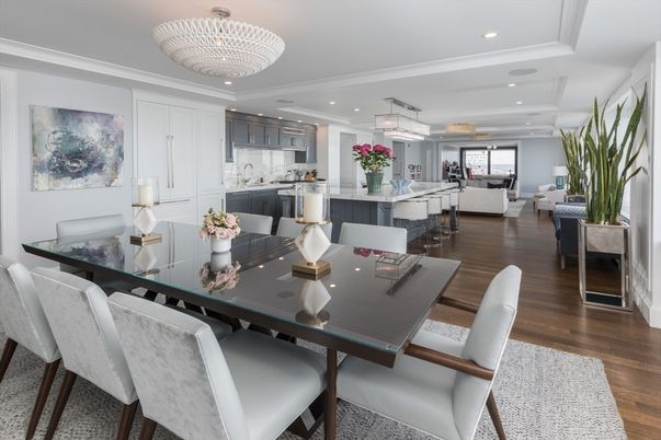 Chandelier, Dining room, Interior, Kitchen, Living room, Pendant Lights, Recessed Lighting, Stainless Steel Appliances, Wood Texture Flooring