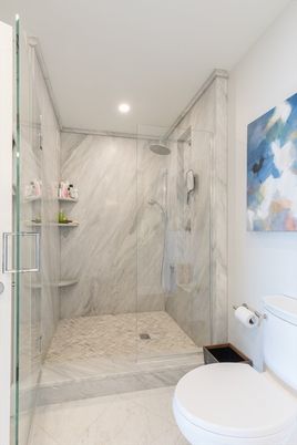 Bathroom, Glass Shower, Interior, Marble, Marble Walls, Recessed Lighting