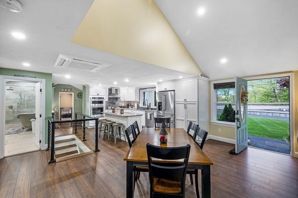 Dining room, Interior, Kitchen, Recessed Lighting, Stainless Steel Appliances, Wood Texture Flooring