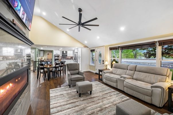 Dining room, Fireplace, Interior, Kitchen, Living room, Recessed Lighting, Wood Texture Flooring
