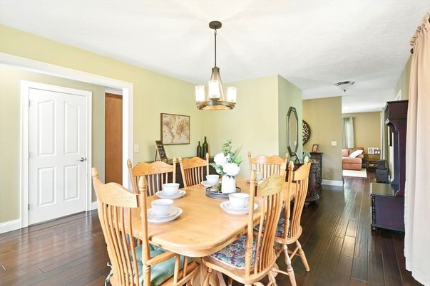 Dining room, Interior, Pendant Lights, Wood Texture Flooring