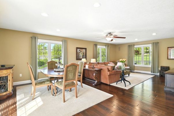 Dining room, Interior, Living room, Recessed Lighting, Wood Texture Flooring