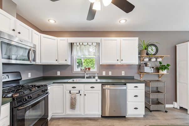 Interior, Kitchen, Recessed Lighting, Stainless Steel Appliances, Wood Texture Flooring