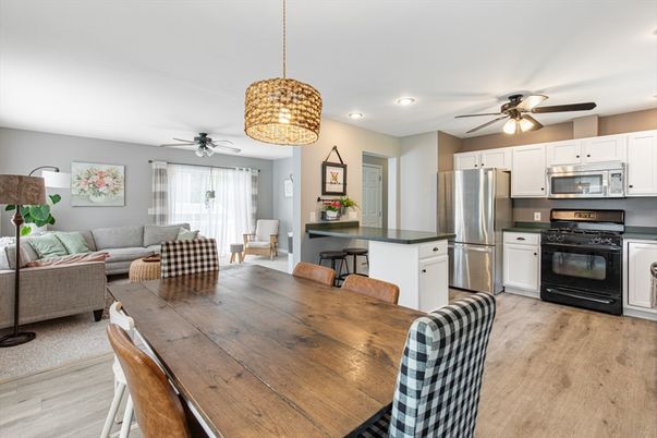 Dining room, Interior, Kitchen, Living room, Pendant Lights, Recessed Lighting, Stainless Steel Appliances, Wood Texture Flooring