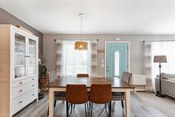 Dining room, Interior, Pendant Lights, Wood Texture Flooring
