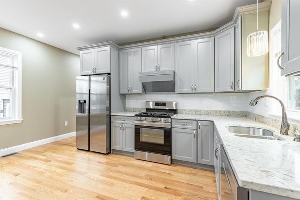Interior, Kitchen, Recessed Lighting, Stainless Steel Appliances, Wood Texture Flooring