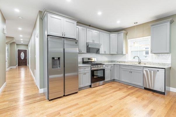 Interior, Kitchen, Recessed Lighting, Stainless Steel Appliances, Wood Texture Flooring