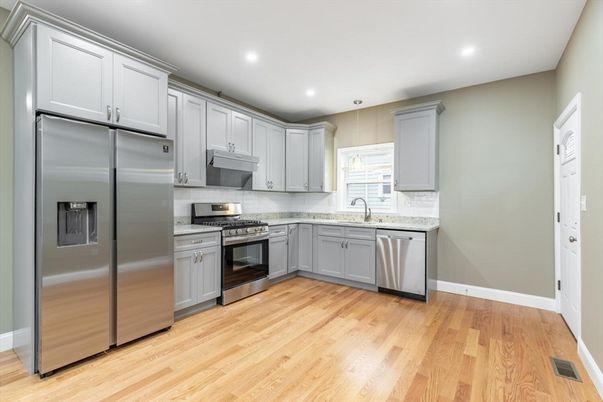 Interior, Kitchen, Recessed Lighting, Stainless Steel Appliances, Wood Texture Flooring