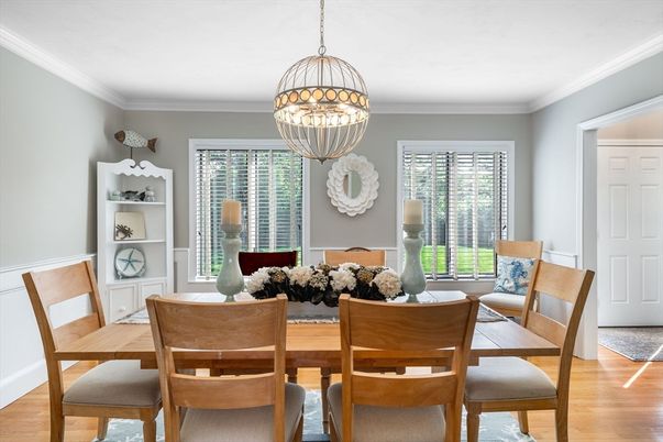 Dining room, Interior, Pendant Lights, Wood Texture Flooring
