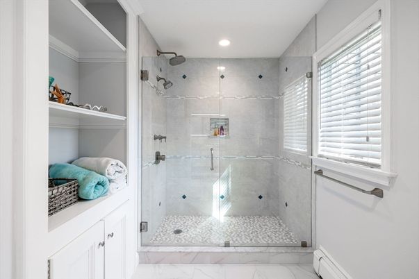 Bathroom, Glass Shower, Interior, Marble, Recessed Lighting