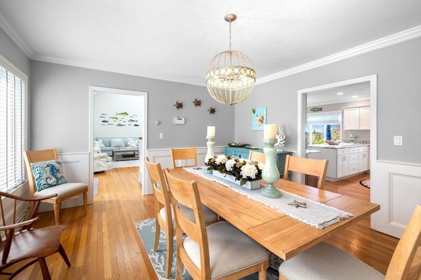 Dining room, Interior, Pendant Lights, Recessed Lighting, Wood Texture Flooring