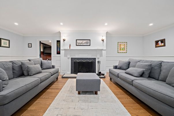 Fireplace, Interior, Living room, Recessed Lighting, Wood Texture Flooring
