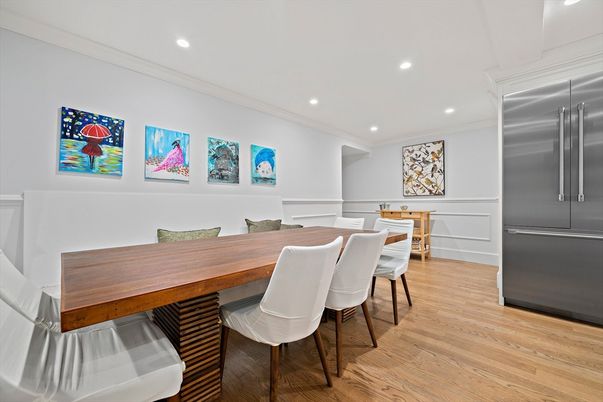 Dining room, Interior, Kitchen, Recessed Lighting, Stainless Steel Appliances, Wood Texture Flooring