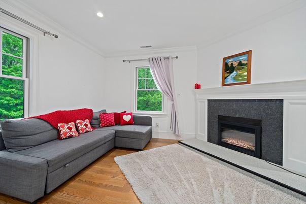 Fireplace, Interior, Living room, Recessed Lighting, Wood Texture Flooring