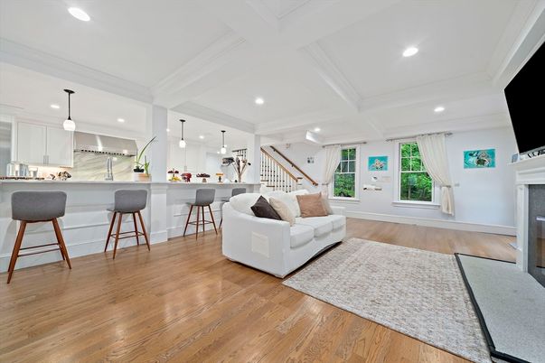 Fireplace, Interior, Kitchen, Pendant Lights, Recessed Lighting, Wood Texture Flooring
