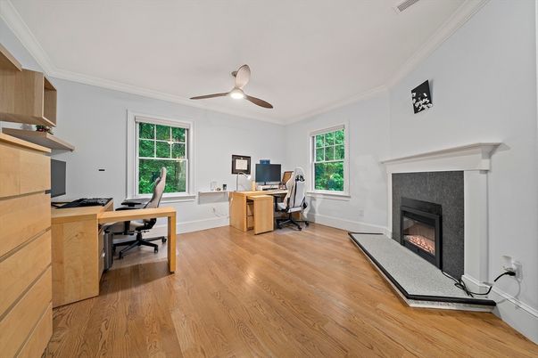 Fireplace, Home Office, Interior, Wood Texture Flooring