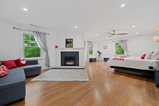 Bedroom, Fireplace, Interior, Recessed Lighting, Wood Texture Flooring