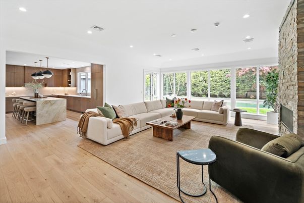Dining room, Fireplace, Interior, Kitchen, Living room, Pendant Lights, Recessed Lighting, Stone Walls, Wood Texture Flooring