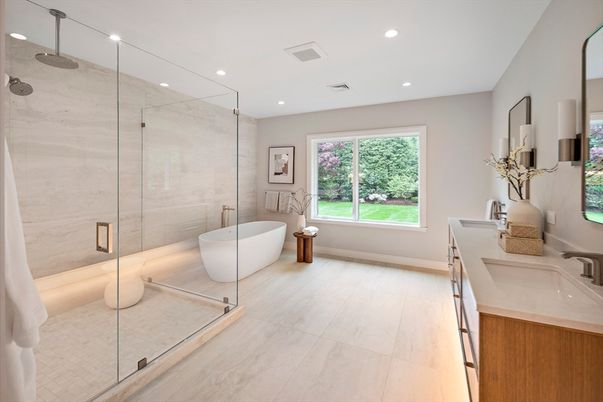 Bathroom, Dual Sink Vanities, Free Standing Baths, Glass Shower, Interior, Recessed Lighting