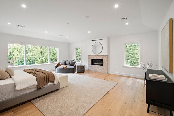 Bedroom, Fireplace, Interior, Recessed Lighting, Wood Texture Flooring