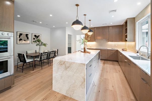 Dining room, Interior, Kitchen, Pendant Lights, Recessed Lighting, Stainless Steel Appliances, Wood Texture Flooring