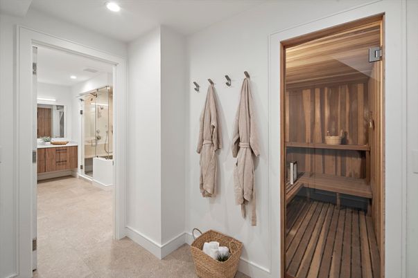 Bathroom, Glass Shower, Interior, Recessed Lighting, Sauna Room