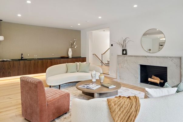 Fireplace, Interior, Living room, Recessed Lighting, Wood Texture Flooring