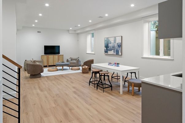 Dining room, Interior, Living room, Recessed Lighting, Wood Texture Flooring