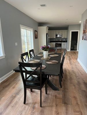 Dining room, Interior, Kitchen, Recessed Lighting, Stainless Steel Appliances, Wood Texture Flooring
